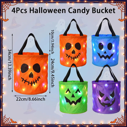 4 pack LED Halloween candy buckets with size guide, 13.39 x 8.66 inches