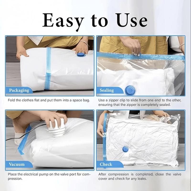 Four step guide showing how to pack, seal, vacuum and check a vacuum storage bag