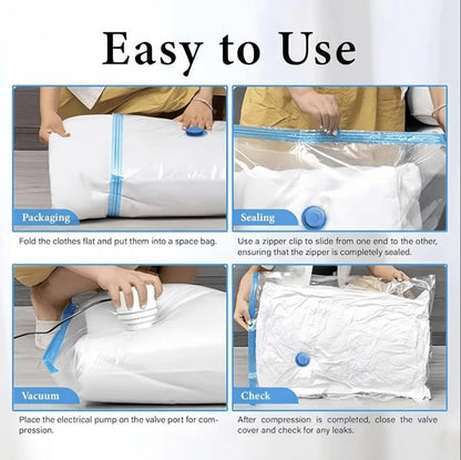 Four step guide showing how to pack, seal, vacuum and check a vacuum storage bag