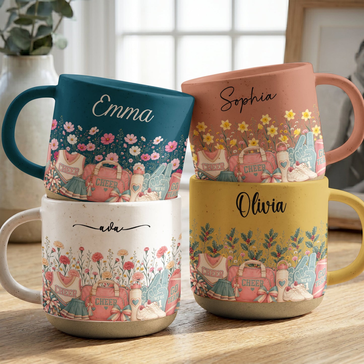 Custom Birth Flower & Name Pottery Mug - Gift For Cheerleader - Personalized Mug