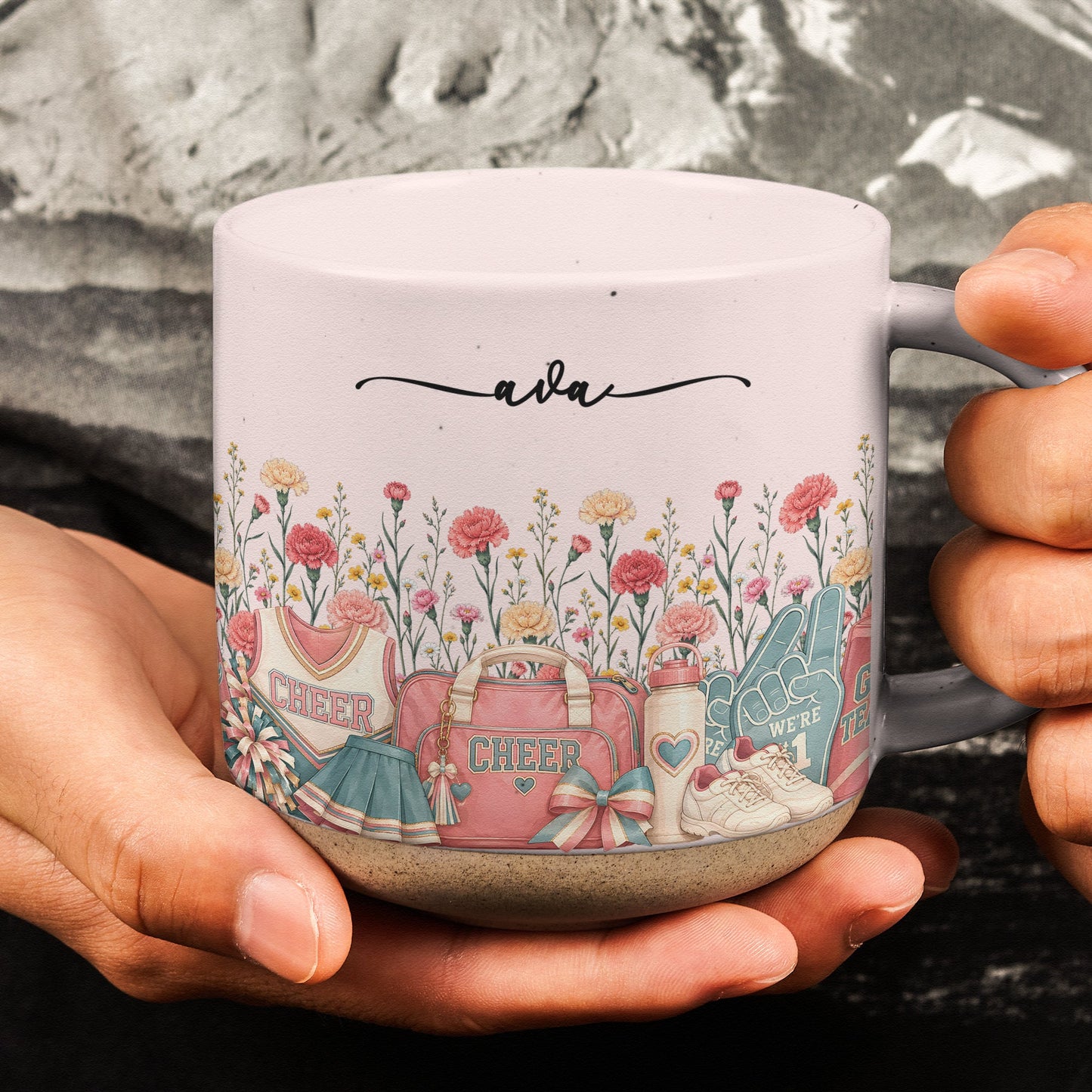 Custom Birth Flower & Name Pottery Mug - Gift For Cheerleader - Personalized Mug