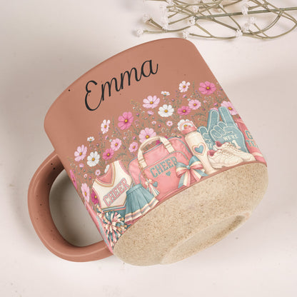 Custom Birth Flower & Name Pottery Mug - Gift For Cheerleader - Personalized Mug