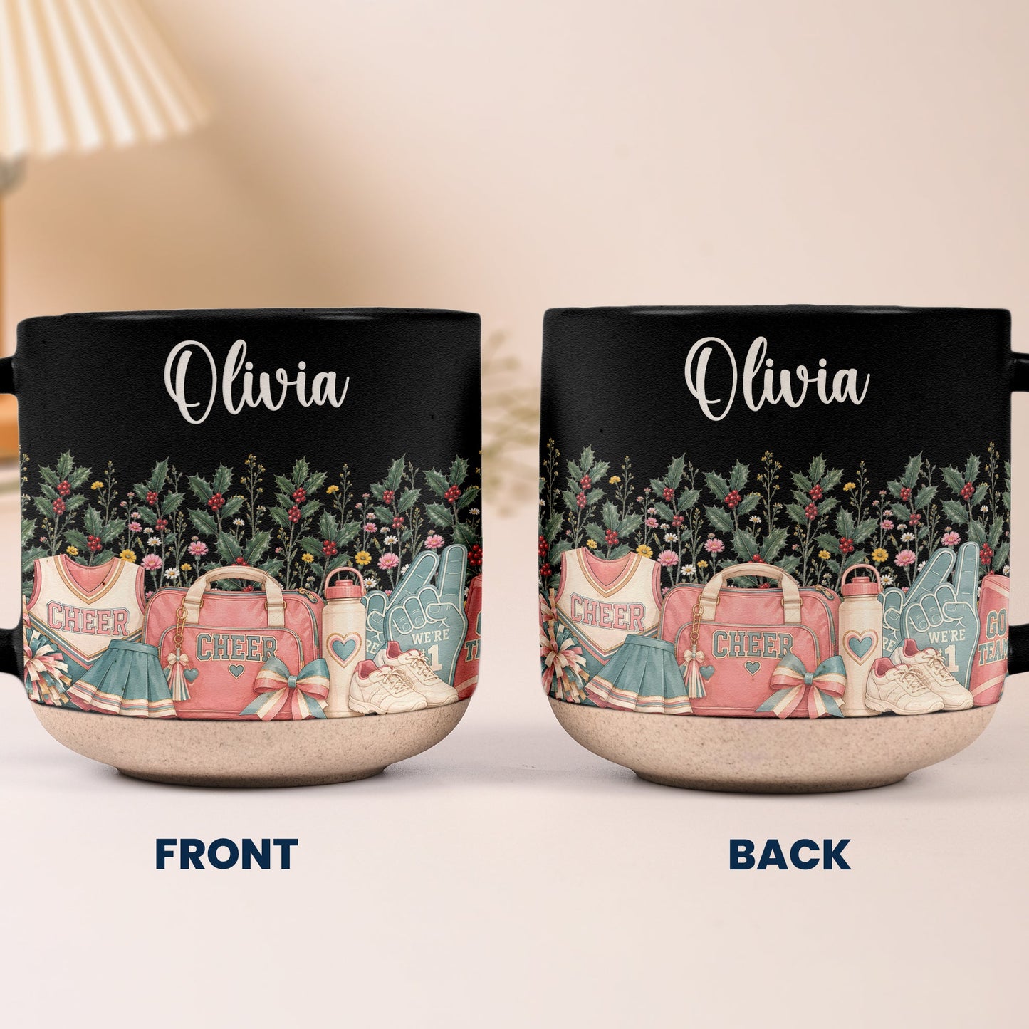 Custom Birth Flower & Name Pottery Mug - Gift For Cheerleader - Personalized Mug